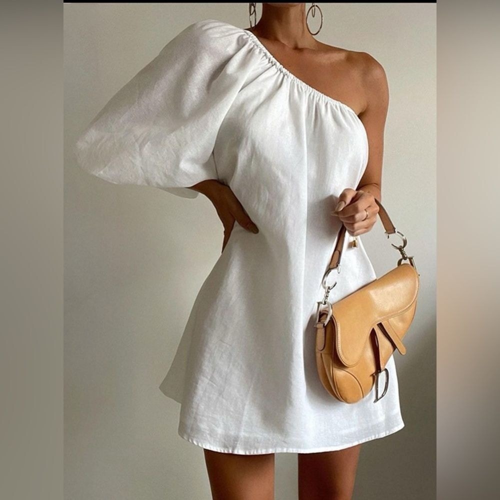 Commense Cotton‎ Linen Blend One Shoulder White Mini Dress Party Cocktail Size S